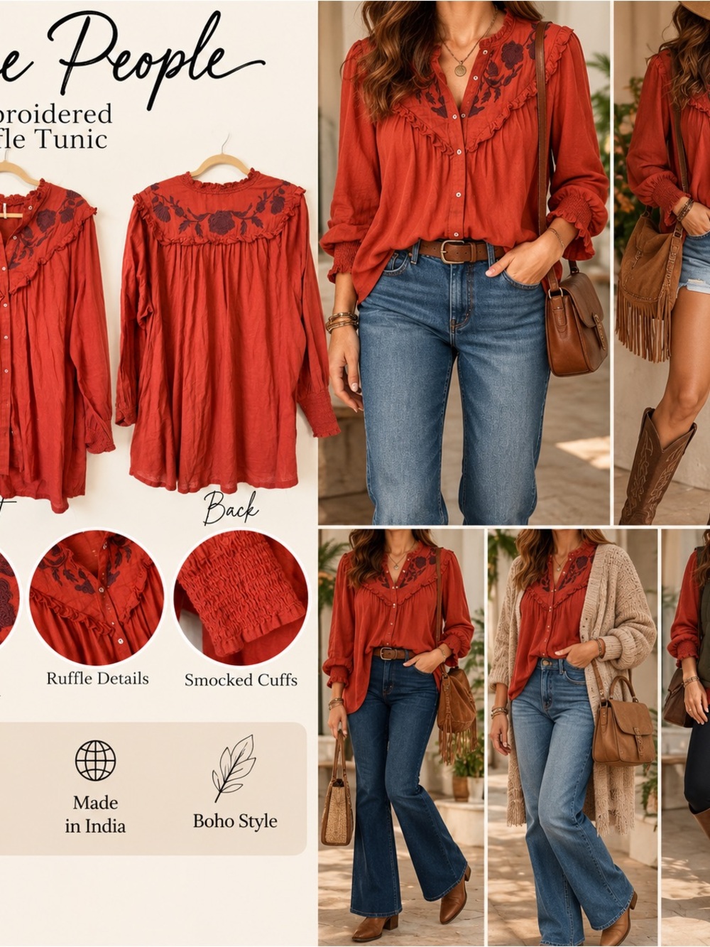Free People Rust Red Embroidered Ruffle Button-Down Blouse - Picture 5 of 5